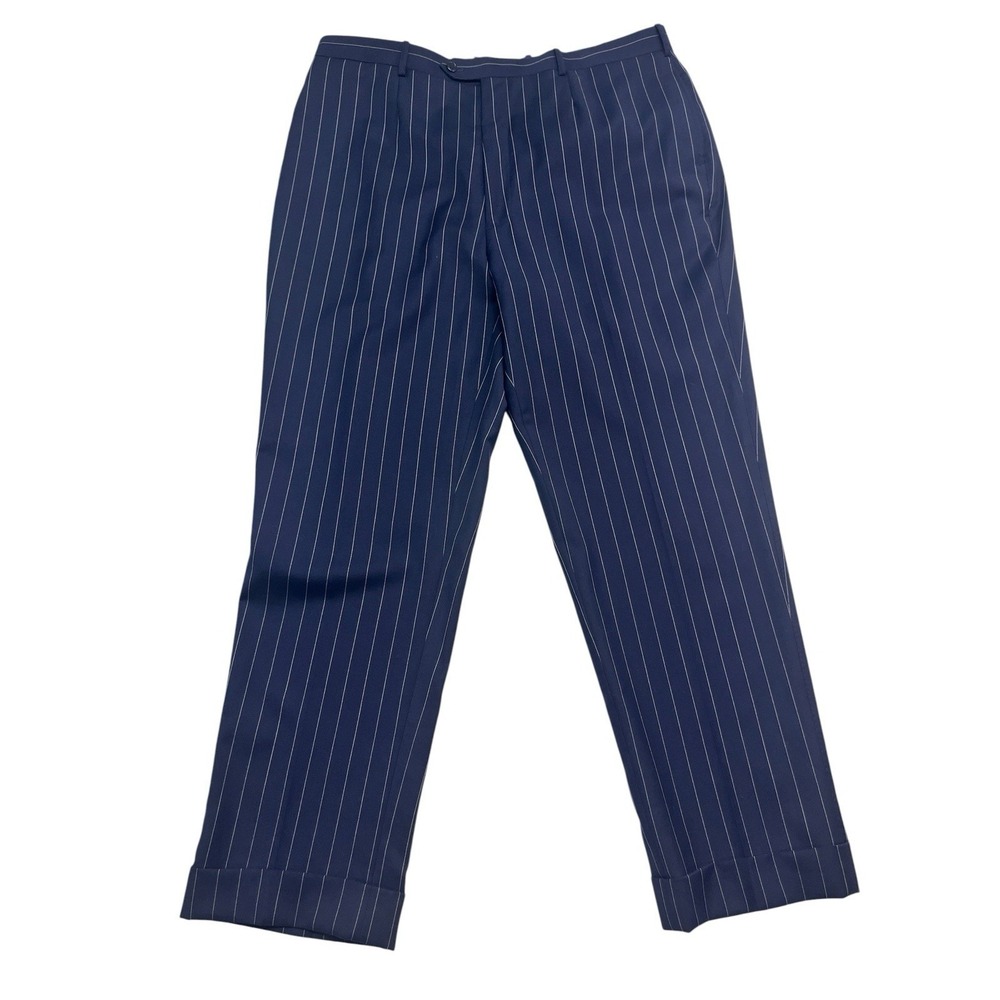 Bespoke 40x31 Navy Blue Chalk Stripe Dress Pants Trousers Pleated Cuffed Wool